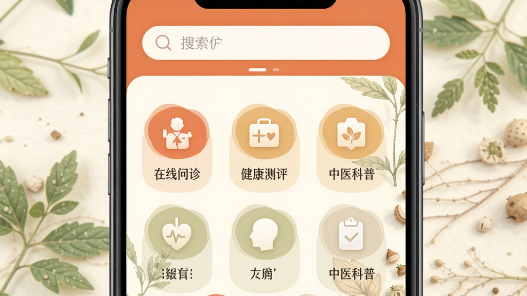 手机屏幕中央展示有爱中医应用主界面,界面采用暖色调设计,顶部有搜索栏,中部排列在线问诊、健康测评、中医科普等图标按钮,背景为淡雅的草本植物纹理,风格清新简洁,细节清晰,画质干净,无多余元素