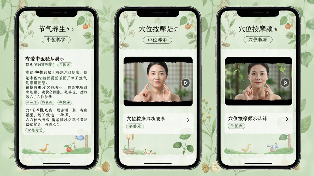 有爱中医科普内容展示界面,手机屏幕中呈现节气养生文章和穴位按摩视频封面,背景为淡绿色草本图案,排版整齐,风格素雅,细节清晰,画质干净,无多余元素