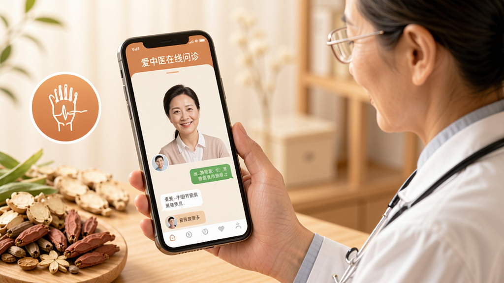 有爱中医在线问诊界面截图风格,画面中一位中医师通过手机屏幕与用户进行图文交流,屏幕旁有脉诊图标和中药药材元素点缀,整体色调温暖,排版清晰,风格写实,画质干净,无多余元素