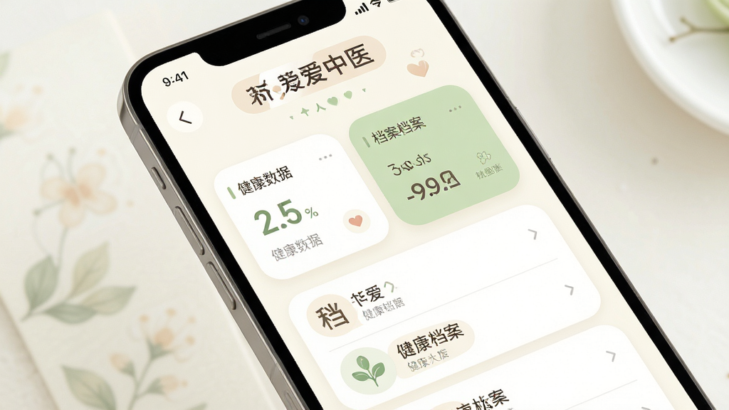 有爱中医个人健康档案界面,手机屏幕展示健康数据卡片和档案列表,界面采用柔和圆角设计,配色以米白和浅绿为主,细节精致,画质干净,无多余元素