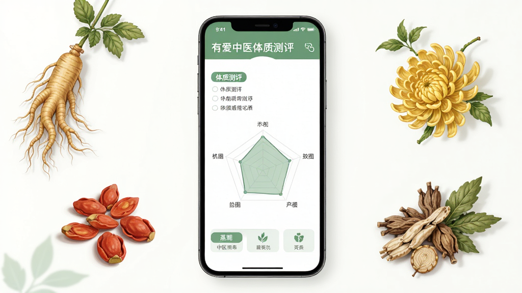 有爱中医体质测评页面示意图,手机屏幕显示体质测评问卷和雷达图分析结果,周围环绕人参、枸杞、菊花等中药材插画,布局居中,风格简约清新,细节丰富,画质干净,无多余元素