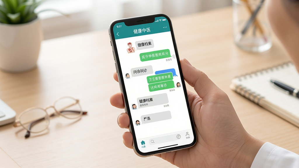 有爱中医移动端操作示意图,画面中一只手拿着手机,屏幕显示问诊聊天界面和健康档案页面,背景为简洁的桌面环境,风格写实,细节清晰,画质干净,无多余元素