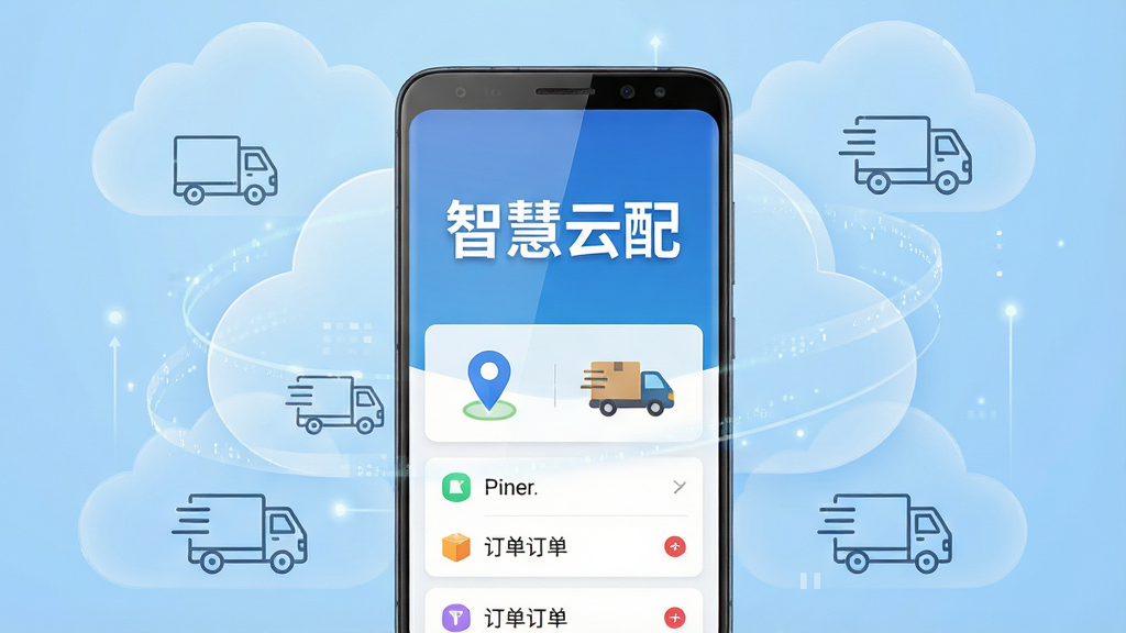 画面中央展示一部安卓智能手机,手机屏幕显示“智慧云配”四个大字的软件主界面,界面中包含地图定位图标、配送车辆图标和订单列表卡片。手机周围环绕半透明的云端数据流线条与物流货车简笔画元素。背景为浅蓝色渐变科技风格,布局采用中心对称构图,排版干净利落。细节上手机屏幕有轻微反光,图标边缘清晰锐利。整体画质高清,画面干净无多余元素。