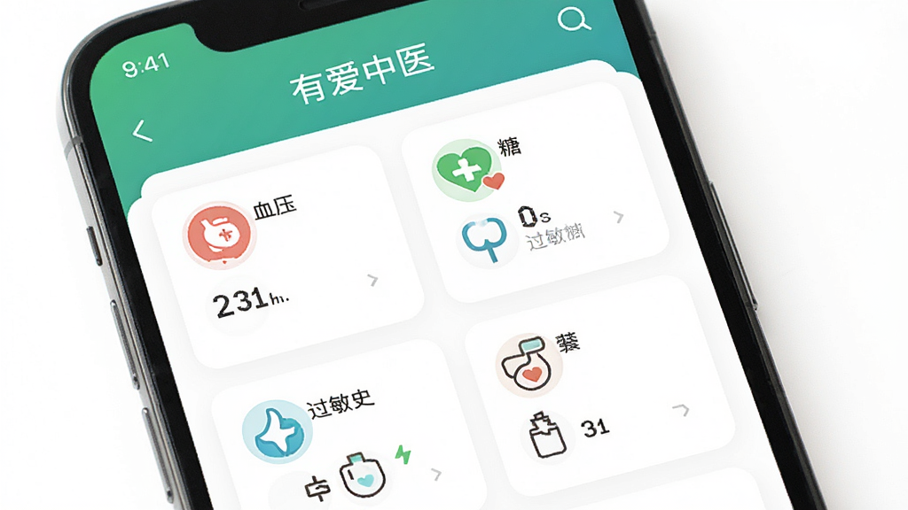 主体为手机屏幕展示健康档案页面,布局为卡片式信息列表,排版整齐,风格为现代简约APP界面,细节包含血压、血糖、过敏史等数据图标,画面中带有“有爱中医”字样,画质清晰,干净,无多余元素