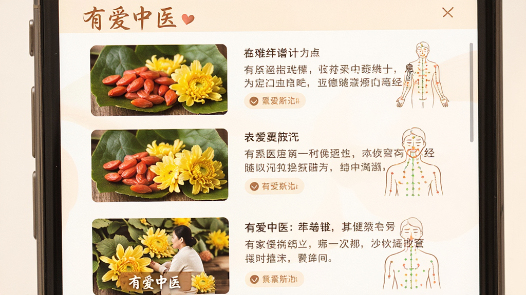 主体为手机屏幕展示养生科普文章列表,布局为图文混排的信息流,排版清晰,风格为温暖治愈系配色,细节包含枸杞、菊花、经络图等元素,画面中带有“有爱中医”字样,画质清晰,干净,无多余元素