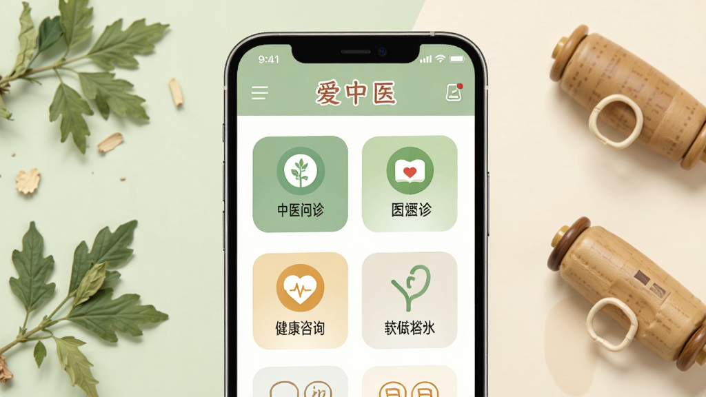主体为一部智能手机,屏幕上显示有爱中医APP的首页界面,包含中医问诊、健康咨询、养生科普等图标布局,背景为淡雅的浅绿色与米白色,风格为清新简约的扁平化UI设计,细节包含药草、脉枕等中医元素点缀,画质清晰,干净,无多余元素