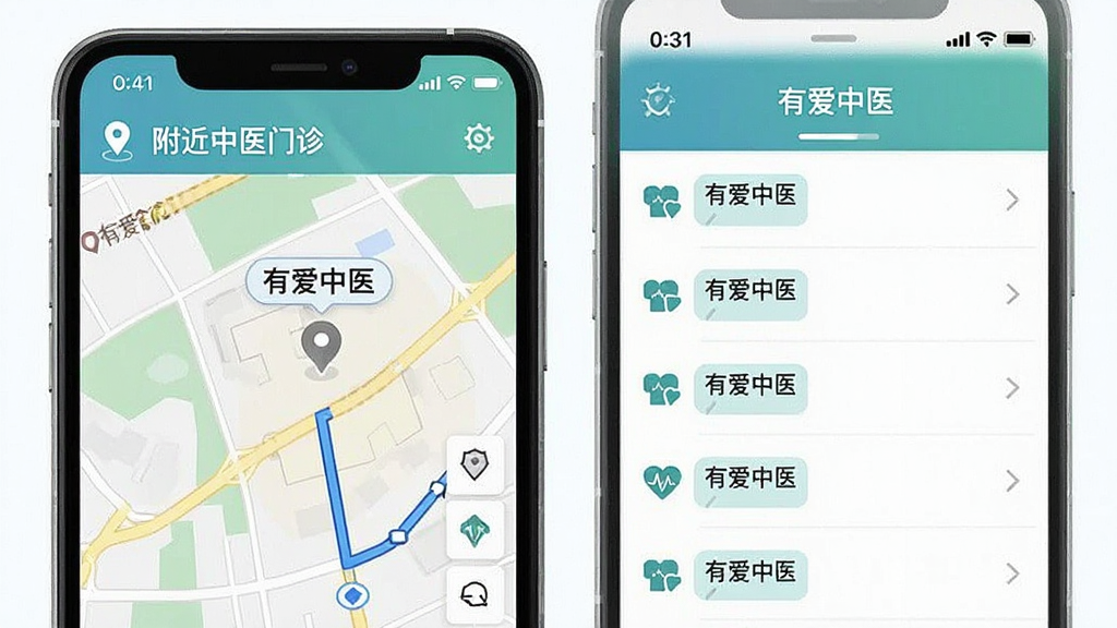 主体为手机地图界面显示附近中医门诊标记,布局为地图与列表分屏展示,排版直观,风格为清爽导航类APP设计,细节包含定位图标、路线指引、门诊名称标签,画面中带有“有爱中医”字样,画质清晰,干净,无多余元素