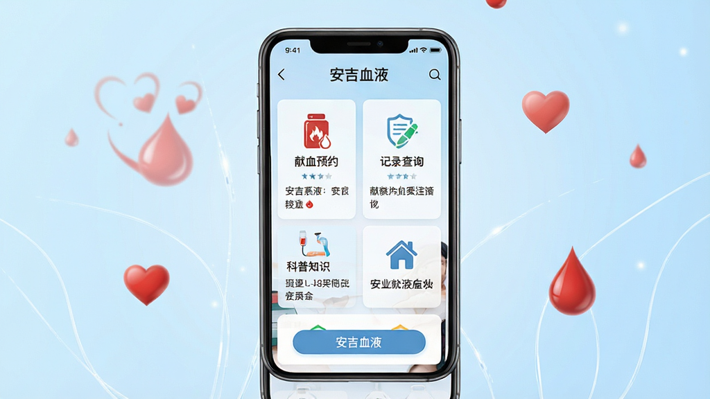 画面主体为一部智能手机,屏幕中显示“安吉血液”应用界面,界面包含献血预约、记录查询、科普知识等模块。布局采用居中构图,手机置于画面中央,背景为柔和的浅蓝色渐变,点缀爱心与血滴元素。排版清晰,风格现代医疗科技感,细节包括界面图标、按钮文字“安吉血液”清晰可见。画质高清,干净,无多余元素。