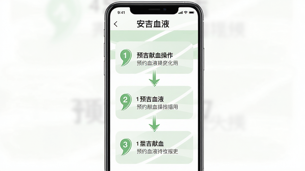 画面主体为“安吉血液”应用的使用指南页面,页面展示预约献血操作步骤图。布局为手机屏幕竖版展示,背景为白色与浅绿色搭配。排版清晰,风格简洁教程风,细节包括步骤序号、箭头指示、文字说明“安吉血液”。画质高清,干净,无多余元素。