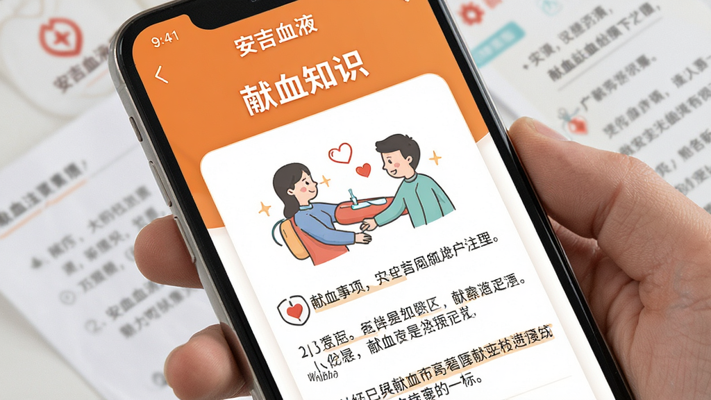 画面主体为“安吉血液”应用中的科普知识页面,页面展示献血注意事项图文。布局为手机屏幕特写,背景为温暖的橙色与白色搭配。排版简洁,风格亲切易懂,细节包括标题“献血知识”、插图、文字段落。画质高清,干净,无多余元素。