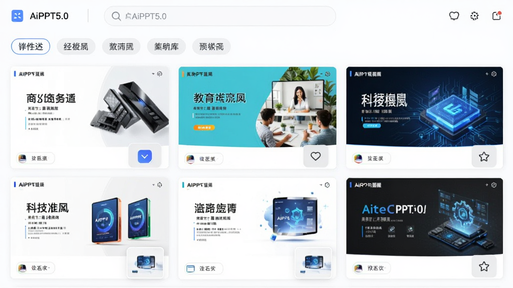 AiPPT5.0模板库界面展示图,画面中排列多张不同风格的PPT模板缩略图,有商务风、教育风、科技风,顶部有AiPPT5.0搜索栏和分类标签,界面采用卡片式布局,风格清新明亮,细节包含筛选按钮、收藏图标、预览小窗,画质高清,无杂乱元素