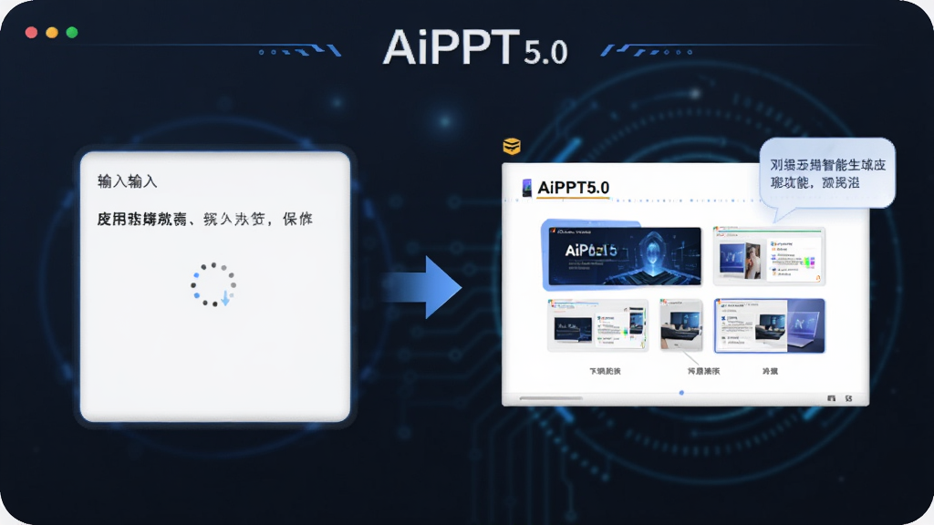 AiPPT5.0智能生成功能展示图,画面左侧是文字输入框,右侧是自动生成的PPT页面缩略图,有箭头从输入框指向缩略图,界面标注AiPPT5.0,风格科技感,布局左右对称,细节包含加载动画、模板预览、文字气泡,画质清晰,干净简洁