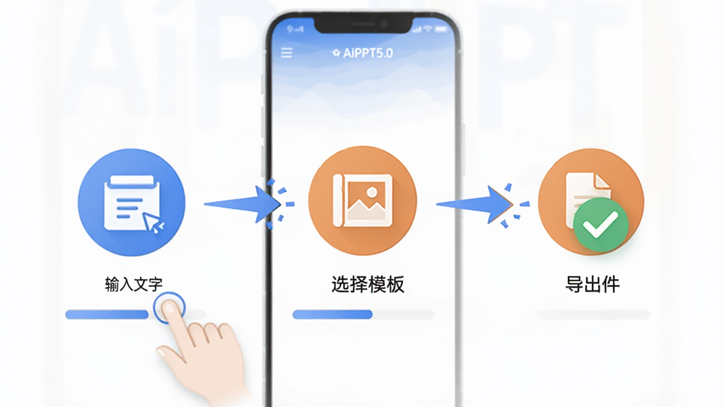 AiPPT5.0移动端操作步骤示意图,画面展示手机屏幕从输入主题到生成PPT的流程,包含三个步骤图标:输入文字、选择模板、导出文件,界面标注AiPPT5.0,风格扁平化,布局纵向排列,细节有手指点击动画、进度条、完成打勾,画质清晰,背景干净