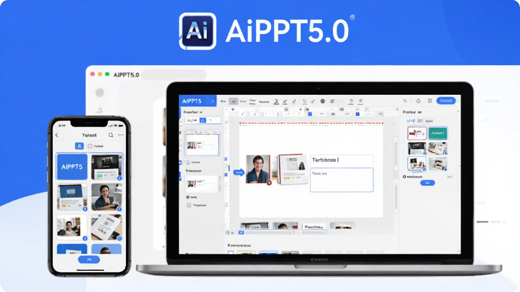 AiPPT5.0软件主界面截图,画面中央展示手机和电脑同步显示PPT编辑界面,顶部有AiPPT5.0标志,界面干净整洁,配色以蓝白为主,排版清晰,风格现代简约,细节包含AI生成按钮、模板缩略图、文字输入框,画质高清,无多余元素
