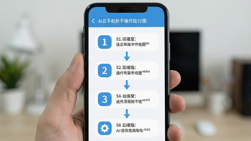 AI云手机新手操作指引界面,画面展示一部手机屏幕内呈现分步操作图示,布局为纵向流程图样式,风格为清新扁平化,细节包括步骤编号、箭头引导、设置图标,画质清晰,画面干净,无多余元素