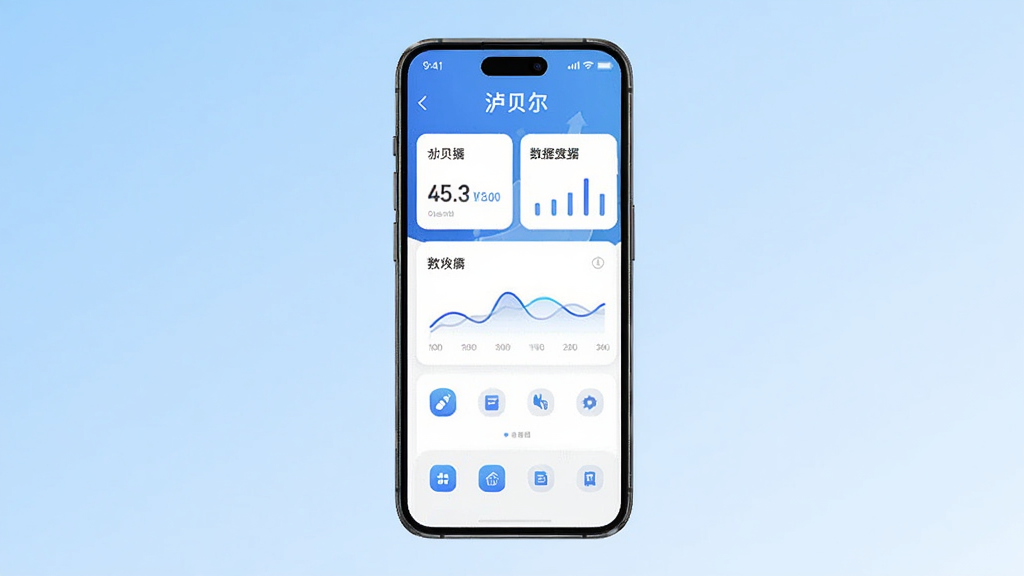 主体是一个智能手机屏幕展示泸贝尔应用界面,布局为手机居中放置,排版采用浅蓝色渐变背景,风格为现代金融科技风,细节包括界面中的账户卡片、数据图表和功能图标,画质清晰干净,无多余元素