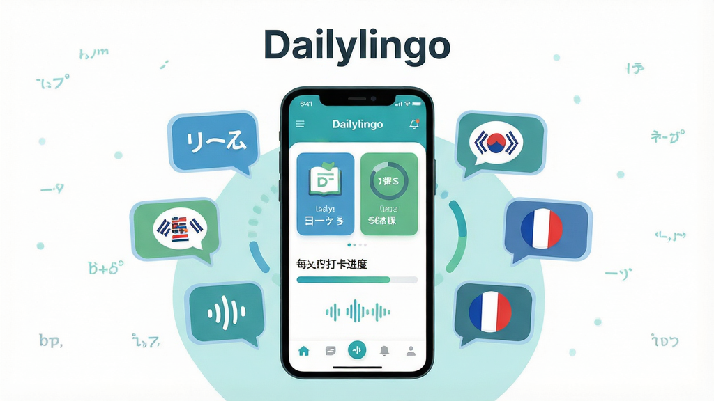 一张展示Dailylingo软件主界面的手机截图风格插画,画面中央是一部智能手机,屏幕显示Dailylingo应用首页,包含多语言课程卡片、每日打卡进度条和底部导航栏;手机周围环绕着英语、日语、韩语、法语等语言气泡图标;布局为居中构图,上方留白放置软件名称“Dailylingo”;风格为扁平化现代UI插画,色彩清新以蓝绿色调为主;细节包括课程图标、学习进度环、语音波形装饰;画质高清,干净整洁,无多余元素