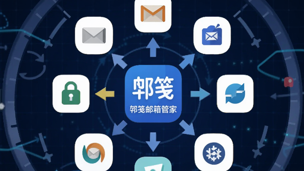 画面展示一个圆形仪表盘,中心是“邛笺邮箱管家”应用图标,周围环绕着多个邮箱服务商的标志,有箭头指向中心表示聚合,背景为深蓝色科技感网格,布局呈放射状,风格为现代扁平化图标设计,细节包括邮件信封、锁形安全标识、同步箭头,画质清晰,干净,无多余元素