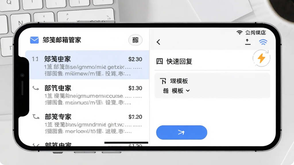 画面中一部手机横屏展示,左侧是“邛笺邮箱管家”的邮件列表,右侧是回复编辑框,有闪电图标表示快速回复,背景为浅灰色办公桌面,布局左右分栏,风格为简约商务插画,细节包括键盘、发送按钮、模板下拉菜单,画质清晰,干净,无多余元素