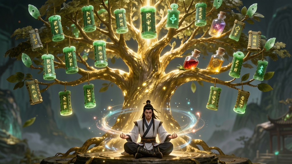 画面中央是一棵巨大的金色技能树,树枝上挂满发光的玉简与丹药,树下有一位修仙者盘膝而坐,周身环绕灵气漩涡。布局为居中对称,风格为清新仙侠,细节包含玉简上的符文、灵气粒子效果。画质高清,干净,无多余元素。