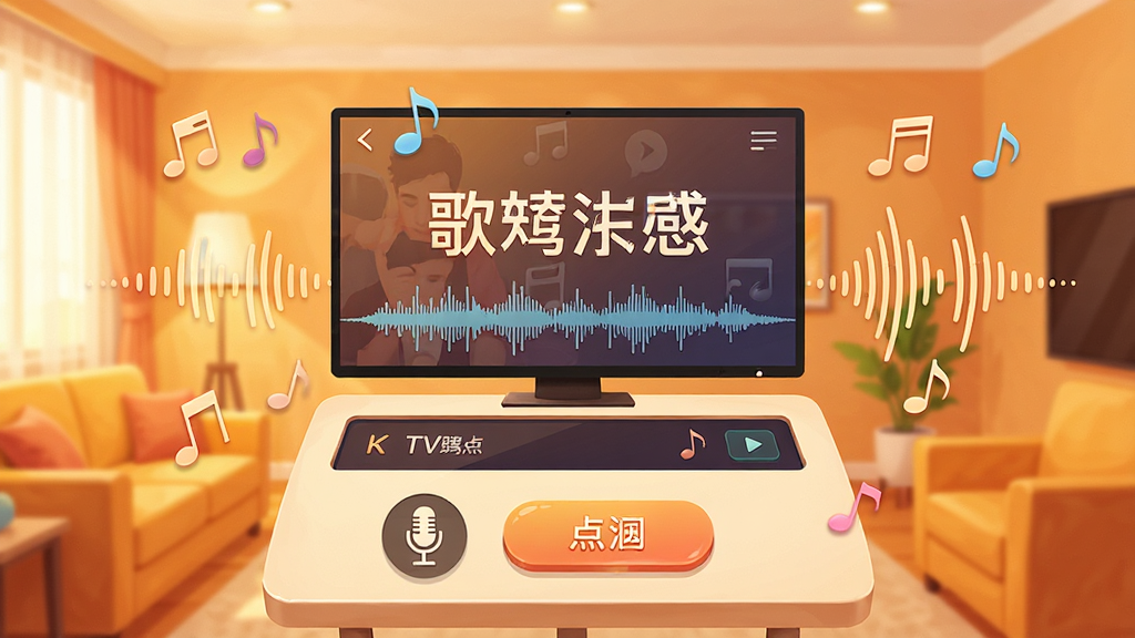 一张展示全民唱歌KTV免费软件主界面的手机应用截图,画面中央是明亮的客厅风格KTV点歌台,大屏幕显示歌词与伴奏波形,下方有麦克风图标和点歌按钮,四周环绕着音符和声波元素,整体色调温暖活泼,画质清晰,干净无多余元素