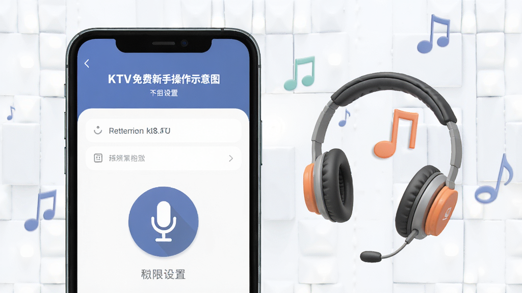 全民唱歌KTV免费新手操作示意图,手机屏幕显示权限设置界面和麦克风图标,旁边有耳机和音符元素,背景简洁明亮,画质清晰干净无多余元素