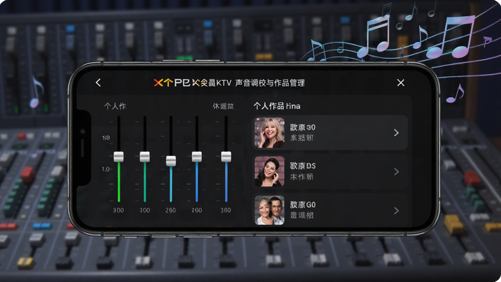 全民唱歌KTV免费声音调校与作品管理界面,手机屏幕显示均衡器滑块和个人作品列表,背景是调音台和音符元素,画质清晰干净
