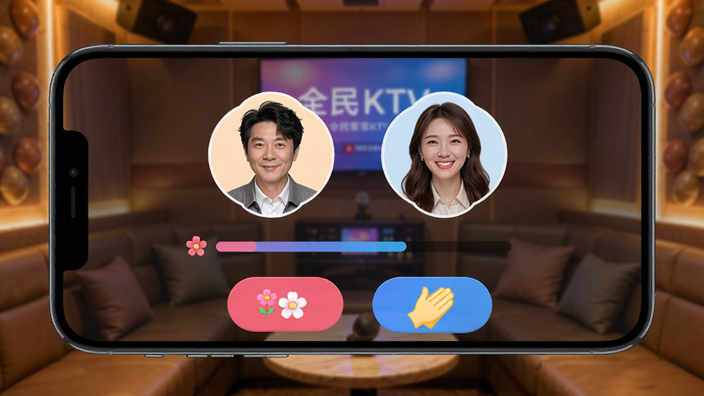 全民唱歌KTV免费在线连麦合唱界面,手机屏幕显示两个用户头像和合唱进度条,下方有送花和鼓掌按钮,背景是温馨的KTV包房场景,画质清晰干净