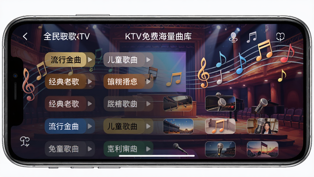 全民唱歌KTV免费海量曲库界面,手机屏幕中显示分类清晰的歌单列表,包含流行金曲、经典老歌、儿童歌曲等标签,背景是音符飘动的音乐厅场景,画质清晰干净