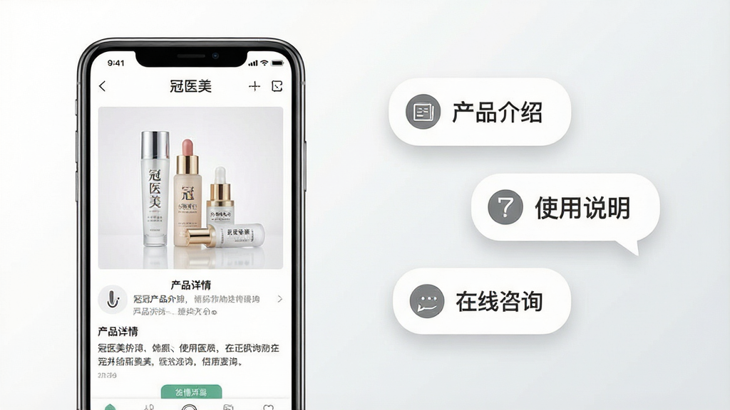 一张信息展示类图片,画面左侧为手机屏幕显示“冠医美”APP的产品详情页,页面内有产品图片和文字说明,右侧悬浮几个信息气泡图标,标注“产品介绍”“使用说明”“在线咨询”等字样,背景为干净的白色到浅灰色渐变,构图采用左右平衡布局,风格素雅极简,细节上文字清晰,画质高清,无多余元素