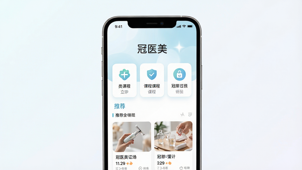 主图展示一部智能手机屏幕,屏幕内呈现“冠医美”APP的首页界面,页面布局清晰,包含课程分类图标和推荐内容卡片,背景为干净的浅色渐变,主体突出手机和APP界面,排版居中,风格简约现代,细节上屏幕内文字清晰可见“冠医美”三个字,画质高清,画面干净,无多余元素
