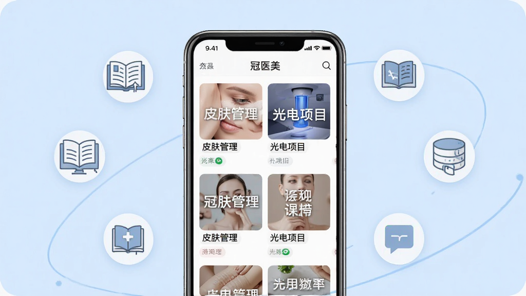 画面中央一部手机展示“冠医美”APP的课程列表页面,页面内排列多个课程封面卡片,卡片上有“皮肤管理”“光电项目”等文字标签,手机周围环绕着简洁的学习图标元素,背景为柔和的浅蓝色,整体排版采用居中构图,风格清新商务,细节上课程卡片清晰可辨,画质干净高清,无多余元素