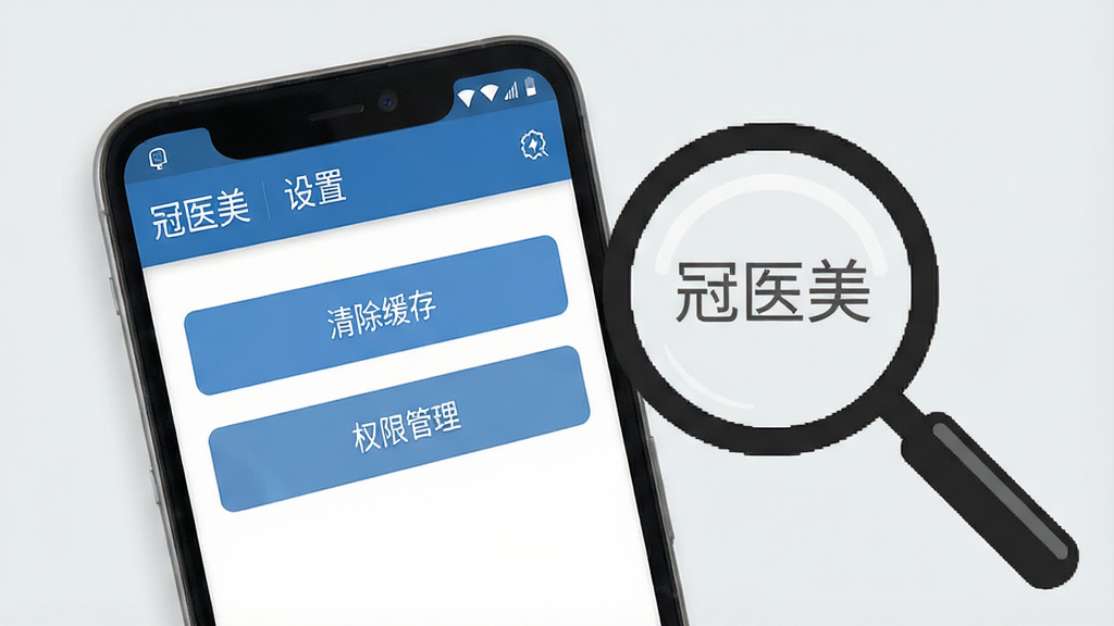 一张手机操作示意图,画面中一部安卓手机屏幕显示“冠医美”APP的设置页面,页面内有“清除缓存”“权限管理”等选项按钮,手机旁边放置一个放大镜图标指向屏幕,背景为干净的浅灰色,构图简洁明了,风格商务简约,细节上按钮文字清晰可辨,画质高清,无多余元素