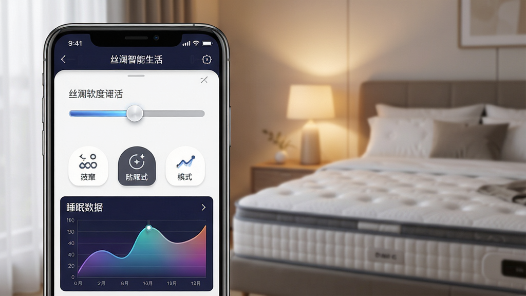 一张展示丝涟智能生活软件界面的场景图,画面中央是一部智能手机,屏幕上显示着丝涟智能生活的控制面板,面板上有床垫软硬度调节滑块、按摩模式图标和睡眠数据曲线图,手机背景是温馨的卧室环境,床头灯发出柔和暖光,床垫上铺着白色床品,整体布局为左右对称,左侧是手机特写,右侧是卧室场景虚化,风格为现代简约科技风,细节包括手机屏幕上的
