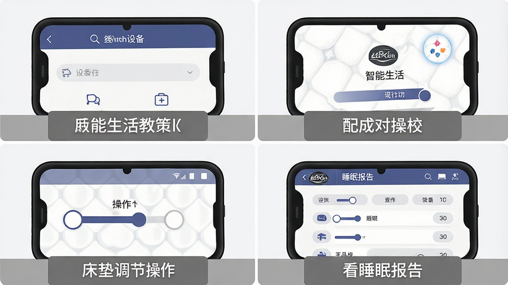 一张展示丝涟智能生活使用教程的步骤图,画面分为四个格子,左上角显示手机搜索设备界面,右上角显示配对成功界面,左下角显示床垫调节滑块操作,右下角显示睡眠报告查看界面,每个格子下方有简短文字标注,布局为2x2网格排列,风格为扁平化教程插画,细节包括手机边框的圆角处理、界面元素的清晰描边、文字标注的灰色底色块,画质干净整洁,无多余装饰元素