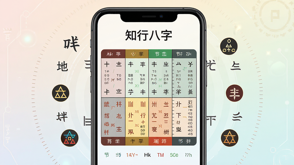 一张展示知行八字排盘引擎的AI生图,画面主体为一部手机屏幕,屏幕内显示四柱八字排盘表格,表格上方有“知行八字”文字,周围环绕天干地支符号与五行图标,布局为居中排版,风格为科技感与传统元素结合的浅色界面,细节包含十神标注、五行颜色区分、节气刻度线,画质高清干净,无多余元素,背景为柔和渐变