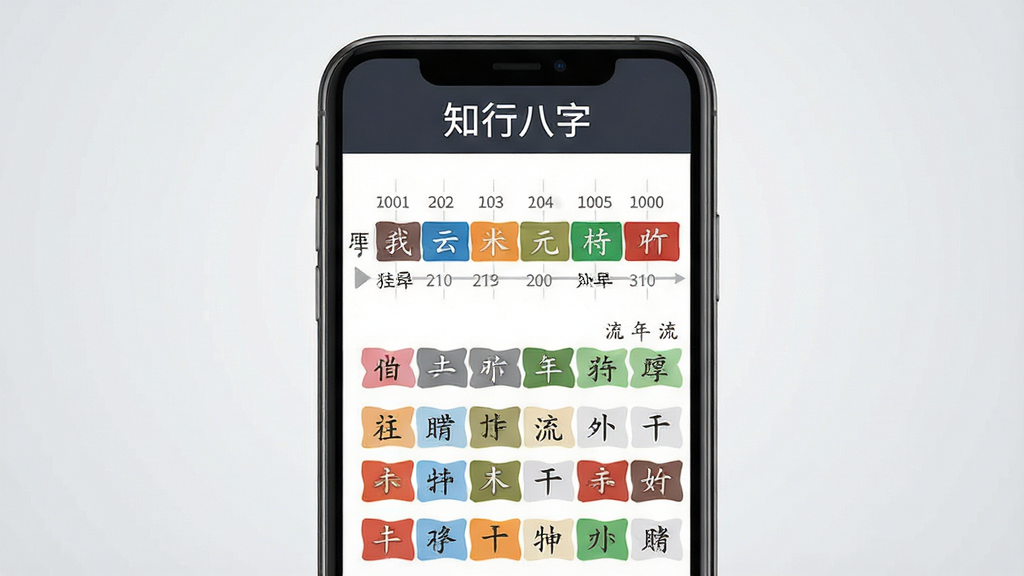 一张展示知行八字大运流年功能的AI生图,画面主体为手机竖屏界面,屏幕内显示大运排列时间轴与流年干支列表,顶部有“知行八字”标题,布局为上下结构,风格为简洁商务风,细节包含年份刻度、干支文字、五行色块标注,画质清晰干净,无多余元素,背景为浅灰渐变