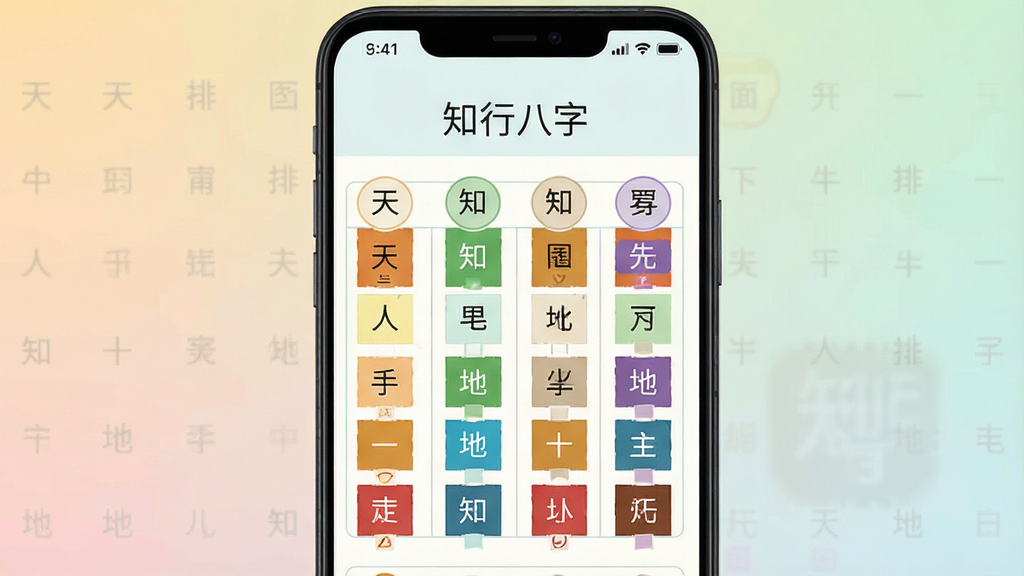 一张展示知行八字软件界面的手机预览图,画面主体为一部竖屏安卓手机,屏幕中央显示八字排盘结果页面,上方有“知行八字”四个字的标题,下方排列四柱干支与五行颜色标注,整体布局居中对称,风格为简约清新的浅色调UI设计,细节包含天干地支文字、五行色块、排盘表格线条,画质清晰干净,无多余元素,背景为纯色渐变,适合软件下载站展示