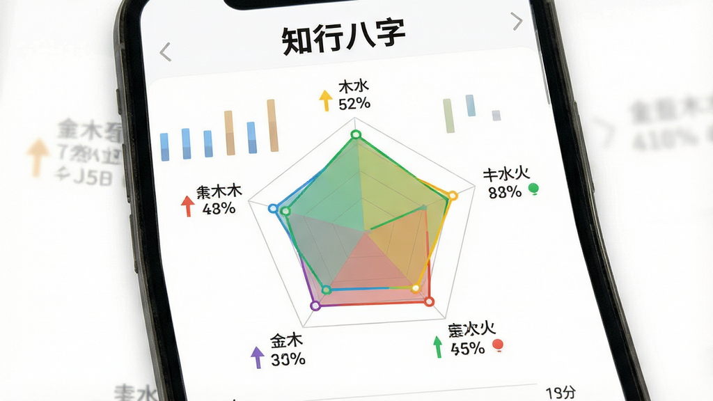 一张展示知行八字五行旺衰分析界面的AI生图,画面主体为手机屏幕,屏幕内显示五行雷达图或柱状图,图表上方有“知行八字”文字,布局为图表居中、文字环绕,风格为清新数据可视化风,细节包含金木水火土标签、百分比数值、颜色区分,画质高清干净,无多余元素,背景为白色