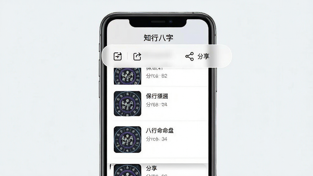 一张展示知行八字命盘保存与分享功能的AI生图,画面主体为手机界面,屏幕内显示命盘记录列表与分享按钮,顶部有“知行八字”标题,布局为列表式排版,风格为简约实用风,细节包含保存图标、分享图标、命盘缩略图,画质清晰干净,无多余元素,背景为浅色
