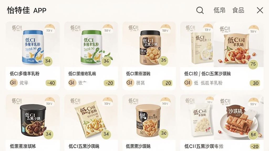 一张怡特佳APP内低GI食品专区页面截图,画面中展示多款低GI产品卡片,包括低GI多维羊乳粉和低GI五黑沙琪玛,每张卡片上有产品图片、名称和GI值标签,背景为浅色,布局整齐,风格干净清爽,画质清晰,无多余元素