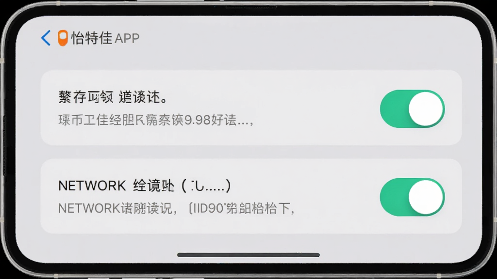 一张手机屏幕显示怡特佳APP权限设置界面的截图,画面中展示存储权限和网络权限的开关按钮,旁边有文字说明,背景为浅灰色,风格简洁明了,画质清晰,无多余元素