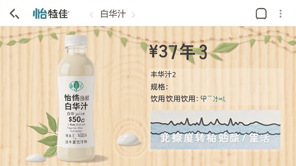 一张怡特佳APP内白桦汁产品展示页面截图,画面中有一瓶白桦汁饮品的产品图,旁边标注价格、规格和饮用建议,背景为浅木色,风格自然清新,画质清晰,无多余元素