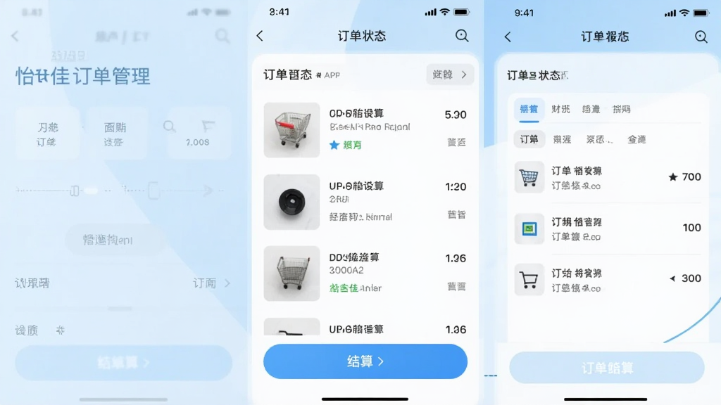 一张怡特佳APP购物车和订单管理页面截图,画面展示购物车中的商品列表、结算按钮以及订单状态跟踪界面,整体布局清晰,配色以白色和浅蓝色为主,风格简约现代,画质干净,无多余元素