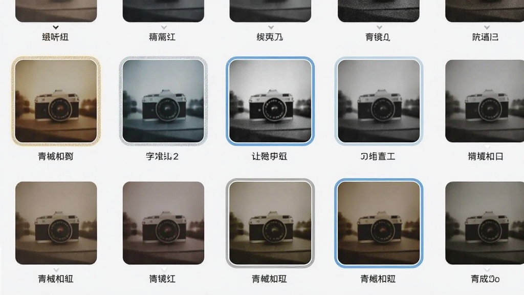 一张展示青樾相机滤镜选择界面的截图风格图片,画面中排列着多个方形滤镜预览缩略图,每个缩略图展示不同色调效果,包括暖色、冷色、黑白、复古等,布局为网格状排列,风格为清新简约,细节包括滤镜名称标签和选中高亮边框,画质清晰干净无多余元素