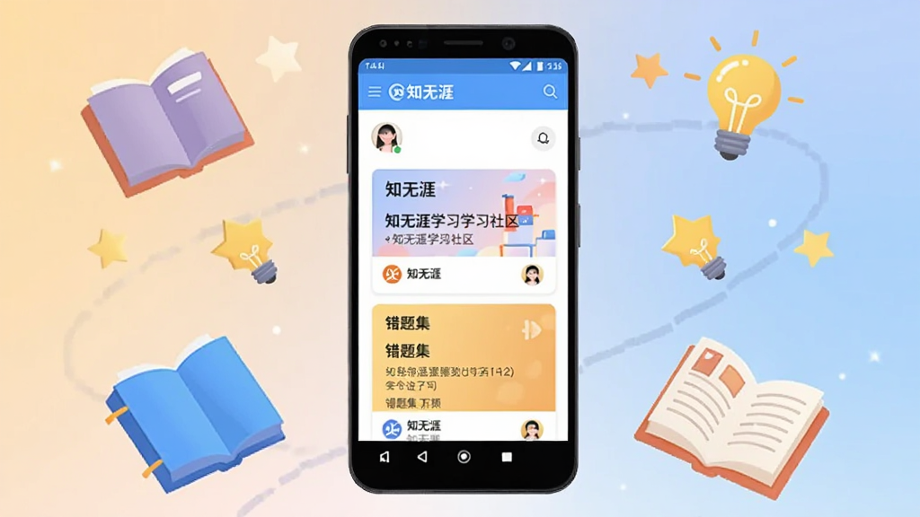 一部安卓手机屏幕显示知无涯学习社区界面,界面中有多个错题集卡片和用户头像,手机周围环绕着漂浮的书本、灯泡和星星图标,布局为环绕式构图,风格为活泼明快的扁平插画,细节包括卡片上的“知无涯”标识、柔和的渐变色背景,画质干净清晰,无多余元素