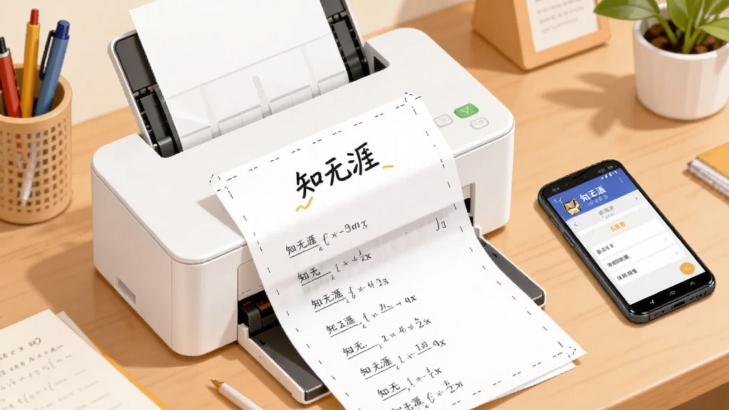 画面主体是一台白色的错题打印机,正在打印一张带有数学题目的纸张,纸张上标题位置写着“知无涯”三个字,打印机旁边放着一部安卓手机,手机屏幕显示知无涯的打印设置页面,背景是整洁的书桌,布局为斜向俯视构图,风格为温馨生活化插画,细节包括纸张边缘的虚线裁切线、桌面上的笔筒和绿植,画质清晰干净,无多余元素
