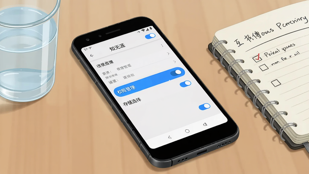 一部安卓手机放在书桌上,屏幕显示知无涯的设置页面,页面中高亮显示“权限管理”和“存储选择”两个选项,手机旁边有一杯水和一个笔记本,布局为近景特写构图,风格为简约写实插画,细节包括屏幕上的蓝色开关按钮、笔记本上的待办清单,画质清晰干净,无多余元素