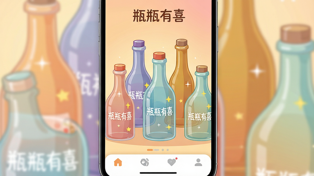 一张手机屏幕展示“瓶瓶有喜”软件主界面,画面中央是多个不同颜色和造型的玻璃瓶整齐排列,瓶身带有“瓶瓶有喜”字样,背景是柔和的暖色调渐变,布局简洁清晰,风格为扁平化卡通插画,细节包括瓶盖高光、瓶内小星星闪烁、底部导航栏图标,画质高清,干净,无多余元素
