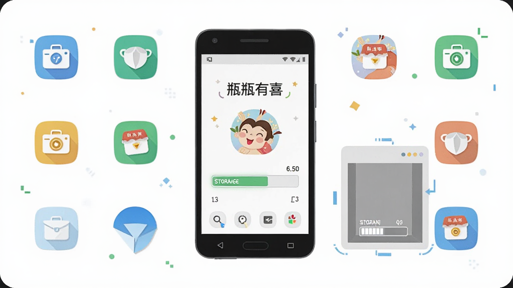 一部安卓手机屏幕显示“瓶瓶有喜”运行界面,画面中手机旁有一个小型的存储空间示意图,显示占用空间很小的对比效果,布局为手机居中、周围环绕简洁图标,风格为科技感扁平插画,细节包括手机边框、软件图标、存储条,画质高清,干净,无多余元素